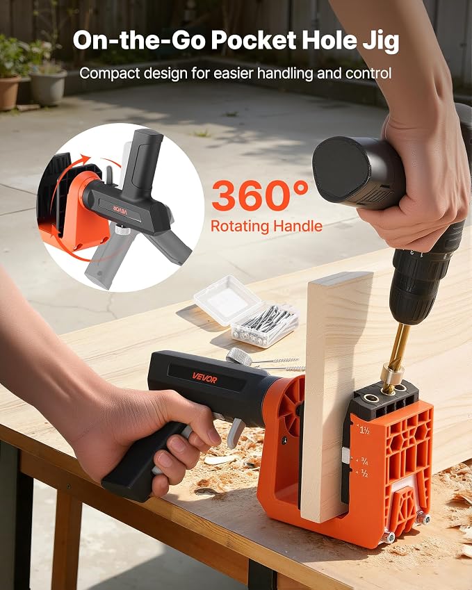 VEVOR Pocket Hole Jig Kit, 1/2", 3/4", 1-1/2" Adjustable, 360° Rotating Handle, Jig Pocket Hole System with 260 Screws, C-Clamp, Stop Collar, Drill Bit, Easy Clamping and Adjusting, for Woodworking