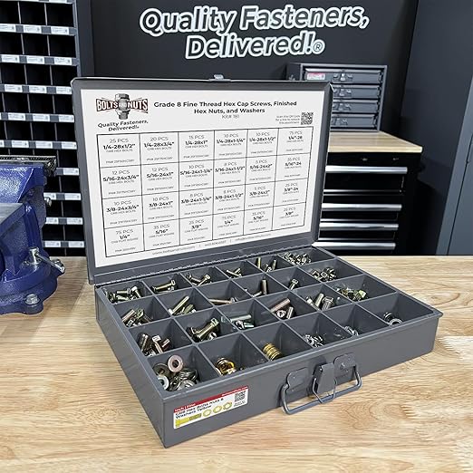 Fine Thread Grade 8 Hex Cap Bolts, Finished Hex Nuts, Washers, Lock Washers Metal Assortment Kit Containing 570+ Pieces!