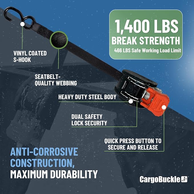 CargoBuckle Mini G3 Retractable Ratchet Straps, 1400 lbs Break Strength, 1-Inch Width X 6 ft Reach, Self Retracting Ratchet Straps for Trailers, Toy Haulers, ATVs, and Motorcycles - 2 Pack