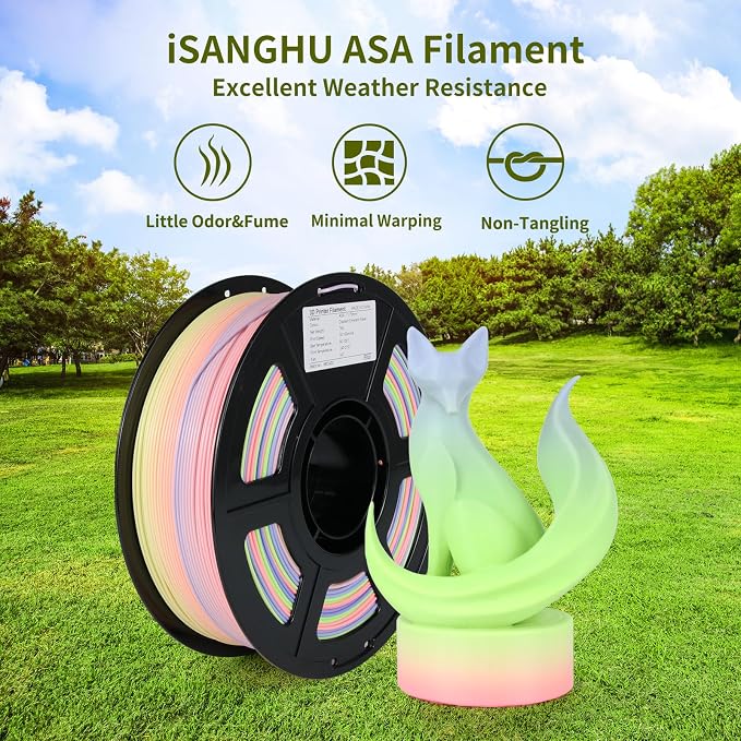 Colored ASA Filament 1.75 +/- 0.02mm - UV/Rain/Heat Resistant Durable 3D Printer Filament, No Warping, Non Odor & Fumes - Perfect for Outdoor Functional Mechanical Parts, 1kg (2.2lbs) Spools