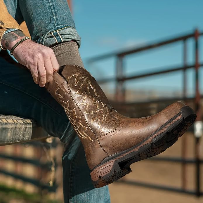 ANGRYRAM Cowboy Work Boots for Men Square Toe Leather Western Boot Slip Resistant Indestructable Steel Toe Safety Boots for Men Work-Man Pro Series