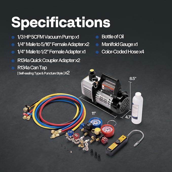 VIVOHOME Upgraded 5CFM 1/3 HP 1-Stage HVAC Vacuum Pump and 4 Way AC Manifold Gauge Set with Leak Detector 5ft Hoses for R134a R12 R22 R502 R410a, Mini Split & Car Air Conditioner Maintenance