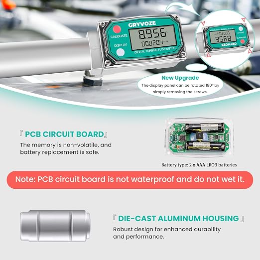 1 Inch Digital Turbine Fuel Flow Meter, 2.6-26 GPM Inline NPT Thread Flowmeter with 3/4 in Adapters for Water, Diesel, Gas Oil, Gasoline, and Other Liquids - Supports Gallon, QTS, PTS, L, m³