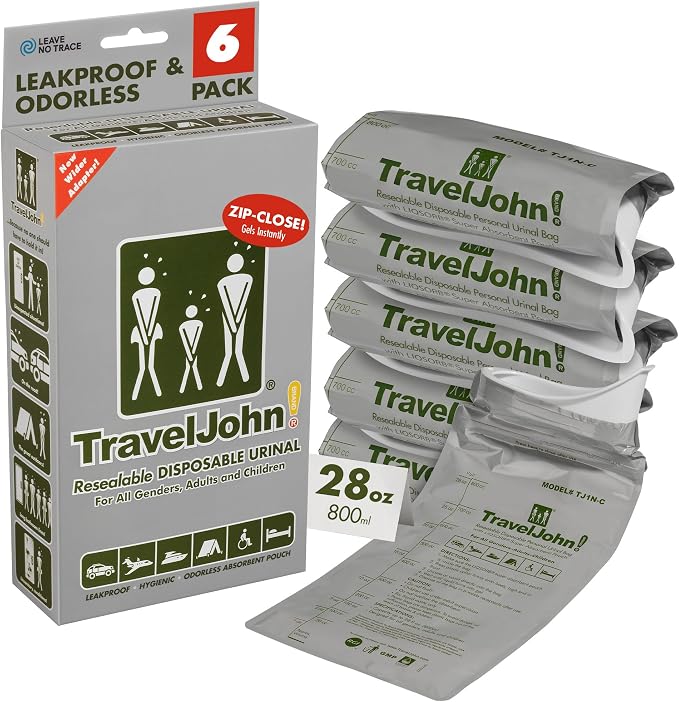 TravelJohn Resealable Disposable Urinal Bags – Road Trip Essentials for Men, Women & Kids – Odorless Leakproof Portable Urine Bags – Travel Urinal for Camping & Emergencies (TJ1N-C)