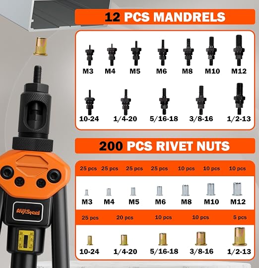 AV Steel Rivet Nut Tool Kit, 16-Inch Rivet Gun Including 12 Upgraded Interchangeable Mandrels & 200Pcs Nuts, Hand Riveter Labor-Saving and Compact Design,Thread Insert Riveter with Rugged Carry Case