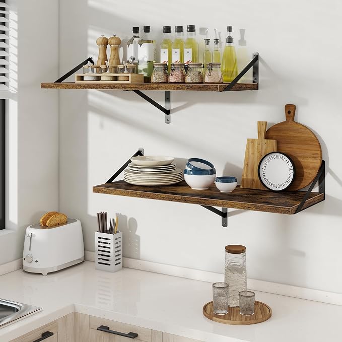 Floating Shelves 12 Inch Deep, 24W x 12D Wall Shelf Set of 2, 50 lbs Heavy Duty Reversible Metal Brackets, Industrial Book Shelf for Living Room Kitchen Bath Bedroom Coffee Bar, Rustic Brown