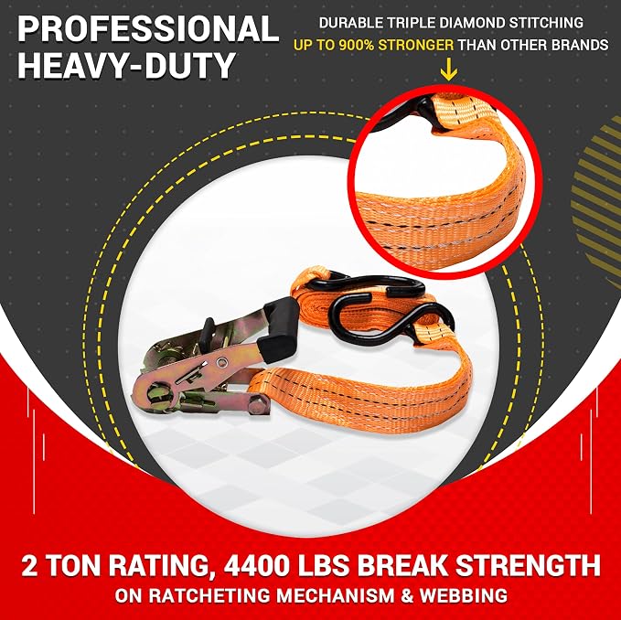 Badass Moto Ratchet Straps Tie Down, 1.5 in X 10 Ft, 3300Lb Break Strength. 4 pk.