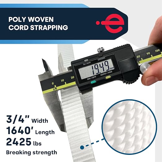 ESK Packaging® Woven Poly Cord Strapping - 3/4" x 1640 Foot x 2425lbs Break Strength – Heavy Duty, Weather-Resistant Flat Rope – 1 Roll