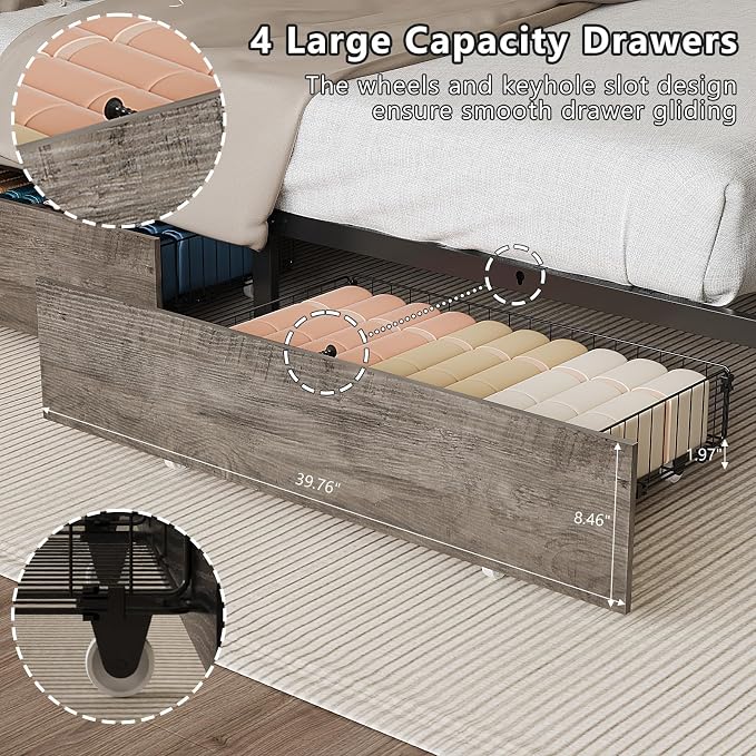 VINGLI LED Queen Bed Frame with 4 Storage Drawers and Adjustable Headboard Shelf, Metal Platform Panel Bed with Charging Station for Kids Teens, Adults, No Box Spring Needed, Wash Gray