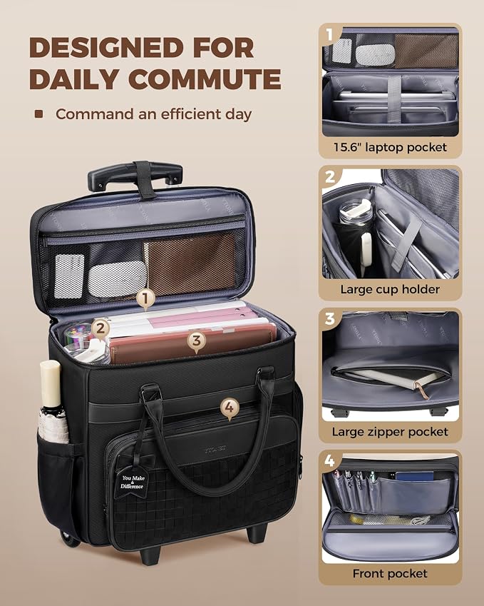 Ytonet Rolling Laptop Bag with Large Cup Holder, 15.6 In Rolling Briefcase for Women Rolling Teacher Bag with Insulated Lunch Box, Detachable Trolley Roller Tote Bags for Work, Office, Teacher, Black