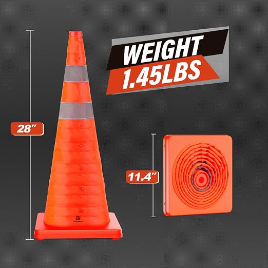 RoadHero 28 Inch 8 Pack Collapsible Traffic Cones, Multi Purpose Pop-up Orange Cones with Reflective Collar for Road Safety, Parking Cones for Sports, Driving Training