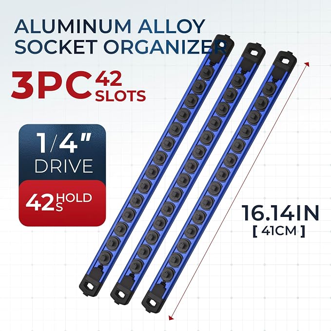 Reniteco Magnetic Socket Organizer Set, 3PC 1/4-Inch Drive Aluminum Alloy Socket Rail, Heavy Duty Magnetic Socket Holder for Tool Box Drawer, 360° Swivel Socket Rack, 1/4" x 42 Clips, Blue