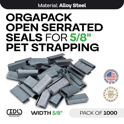 IDL Packaging Orgapack Open Serrated Seals for 5/8" Polyester (PET) Strapping, Pack of 1000 - USA-Made Superior Holding Power Metal Clips for Banding, Packing - Orgapack Patented Serrated Pattern