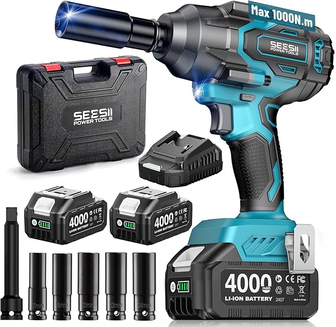 Seesii 1000N.m (738ft-lbs) Cordless Impact Wrench High Torque,1/2" Brushless Impact Gun w/Two 4.0Ah Battery,Fast Charger, 5 Sockets & Storage Case, Electric Impact Wrench for Car Truck,WH760