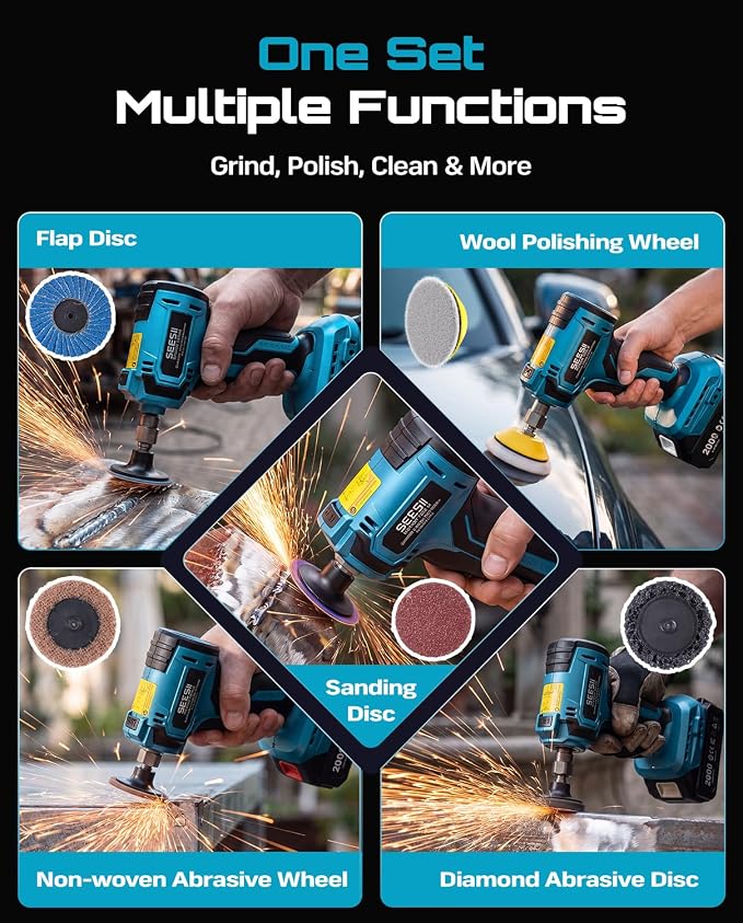 SEESII 1/4" Right Angle Die Grinder Kit, Cordless Brushless Electric Grinder w/ 2 Batteries & 23PCS 2“ Accessories, 4-Speed, Max 24500 RPM, LED Work Light, Lightweight for Grinding Deburring Engraving