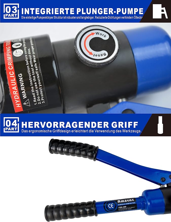 AMZCNC blue 16 Ton Hydraulic Wire Crimper Battery Cable Lug Terminal Crimping Tool WIth Standard US cable Dies,Crimps 6 AWG to 600 MCM, Cable Crimping Tool with 13 Pairs of Standard US cable Dies