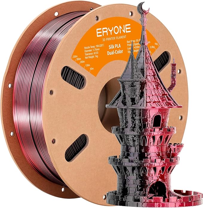ERYONE Silk Dual Color PLA Filament 3D Printer 1.75mm +/- 0.03mm, Bicolor Filament Two Tone PLA 1KG(2.2lbs) Cardboard Spool, Black Red