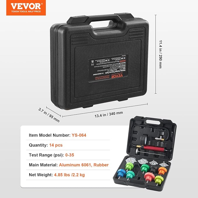 VEVOR Automotive Cooling System Radiator Pressure Tester Kit, 14 pcs Radiator Pressure Tester Kit with Manual Pump and Color-Coded Steel Test Cap Adapters, for Cars Motorcycles Trucks Cooling System
