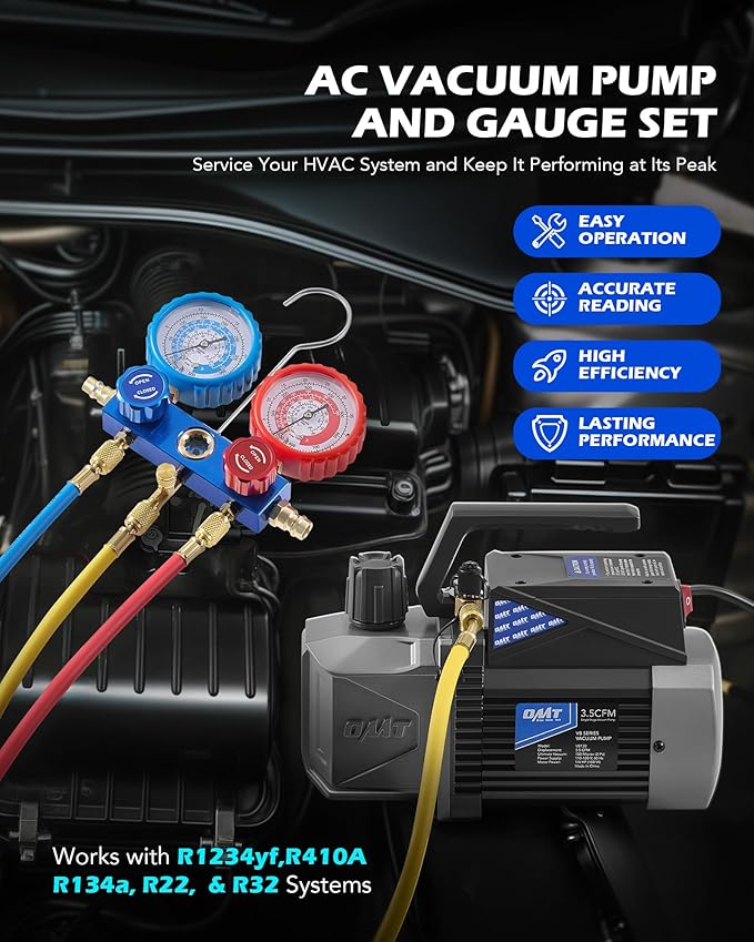 Orion Motor Tech A2L AC Vacuum Pump and Gauge Set, for R1234yf R32 R134a R410A Systems with 3.5 cfm Sparkless Ignition Proof Vacuum Pump, 3 Way AC Gauges Quick Couplers Can Taps Hoses Thermometer