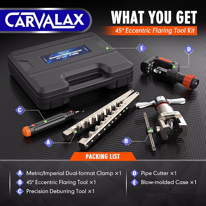 CARVALAX Eccentric Flaring Tool Kit, 45° Precision Flaring, Metric/Imperial Clamp for 6-19mm & 1/4"-3/4" Pipes, Includes Cutter, Deburring Tool & Hard Case for HVAC & Refrigeration Repair