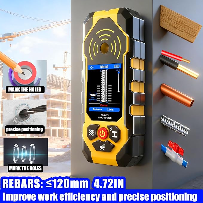 Stud Finder Wall Scanner 4 in1 Wall Stud Finder Multifunction Stud Detector Beam Finders for the Center Edge of Wood AC Wire Metal Studs Joist Pipe with HD LCD Display Smart Sensor Audio Alarm ZC-D201