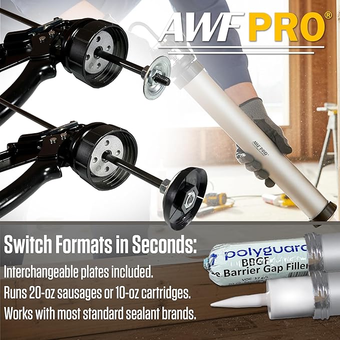 AWF PRO Sausage Caulking Gun, 20 oz Foil Pack and 10 oz Cartridge Convertible, 18:1 Thrust Ratio, Aluminum Barrel, Includes 3 Tips, Pack of 6