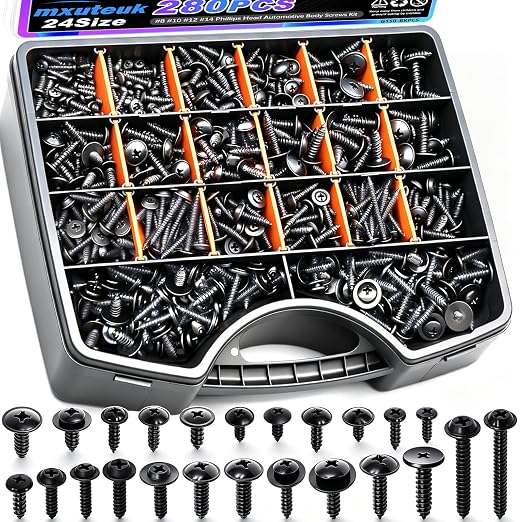 mxuteuk 280PCS Automotive Screws Kit,#8#10#12#14 Phillips Head Automotive Body Self Tapping Screws(24 Size)