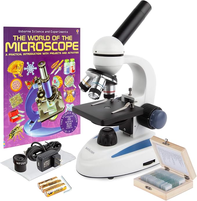 AmScope M158C-PS25-WM Cordless Compound Monocular Microscope, WF10x and WF25x Eyepieces, 40x-1000x Magnification, LED Illumination with Rheostat, Brightfield, Single-Lens Condenser, Coaxial Coarse and Fine Focus, Plain Stage, 110V or Battery-Powered, I...