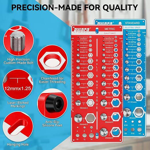 62 Nut and Bolt Thread Checker Standard and Metric, Bolt Size and Thread Gauge with 25 SAE & 25 Metric & 12 Drill Bit Gauge,Bolt and Nut Identifier Gauge for Nut Bolt Size Finder in Narrow Tricky Area