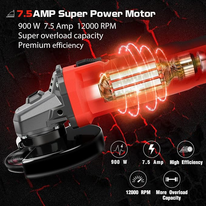 7.5Amp 4-1/2 Inch 12000 RPM Angle Grinder with 2 Guards, 3 Cutting Wheels, 3 Discs, Non-Slip Handle and Carbon Brush for Metal and Wood