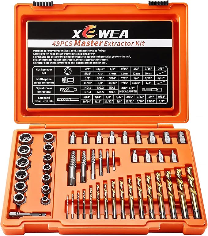 XEWEA 49PCS Screw & Bolt Extractor Set with Left Hand Drill Bit Set, Multi-Spline Easy Out Broken Bolt Remover Tools for Damaged Stripped Rounded-Off Bolts, Socket Screws, Nut, Studs and Fittings