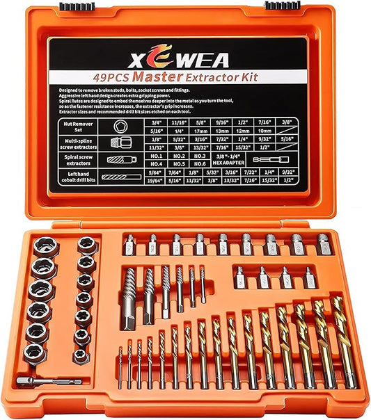 XEWEA 49PCS Screw & Bolt Extractor Set with Left Hand Drill Bit Set, Multi-Spline Easy Out Broken Bolt Remover Tools for Damaged Stripped Rounded-Off Bolts, Socket Screws, Nut, Studs and Fittings