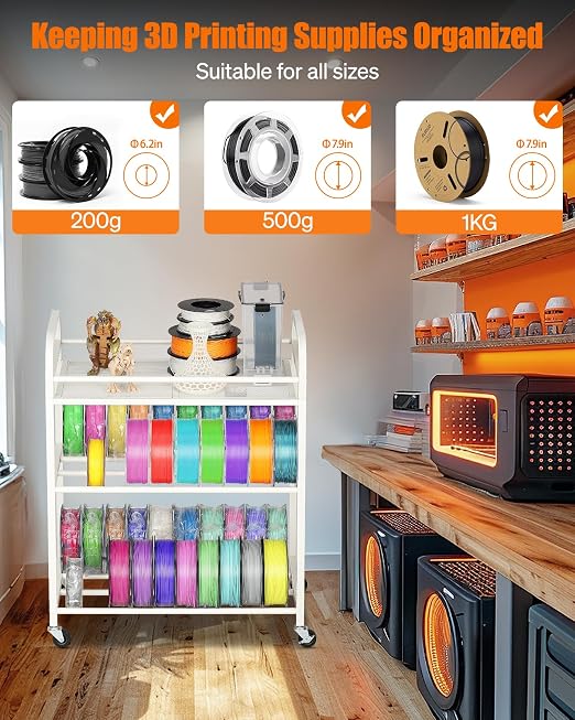 3D Printer Filament Storage Rack- Rolling Filament Spool Holders Racks with Wheels, Heavy Duty Metal Shelf for PLA/ABS/TPU/Nylon, Filaments Organzied for 3D Printing Studio, Office Workshop (White)
