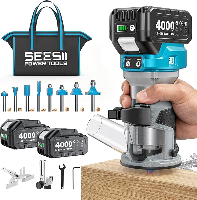 SEESII Cordless Wood Router, 21V Brushless Compact Palm Router with 2×4.0Ah Battery, Aluminum Base, LED Display, Dust Extraction, 6-Speed Adjustment & 8PCS 1/4"Router Bits, Trimmer for Woodworking