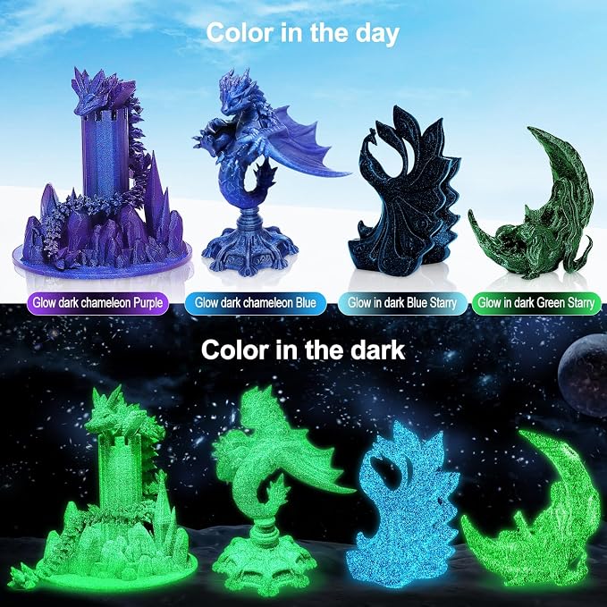 RepRapper Glitter Multicolor Mixed 250g*4 Sample Pack, Shiny Galaxy PLA Filament 1.75mm, Glow in the Dark Green 3D Printer Filament, Sparkle Laser Series 3D Printing Filament for 3D Printer