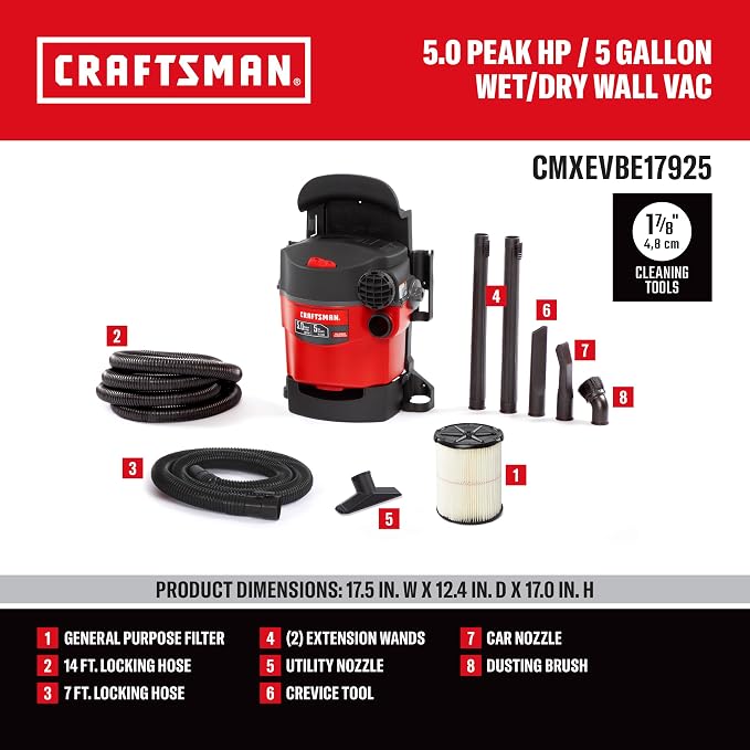 CRAFTSMAN CMXEVBE17925 5 Gallon 5.0 Peak HP Wet Dry Shop Vacuum