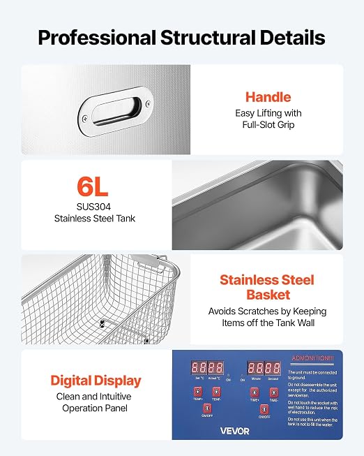 VEVOR Ultrasonic Cleaner 6L-Class Capacity Ultrasonic Parts Cleaner 40kHz, Digital Time and Temp Control, Stainless Steel Ultra Sonic Cleaning Machine with Cleaning Baskets, for Jewelry, Small Items