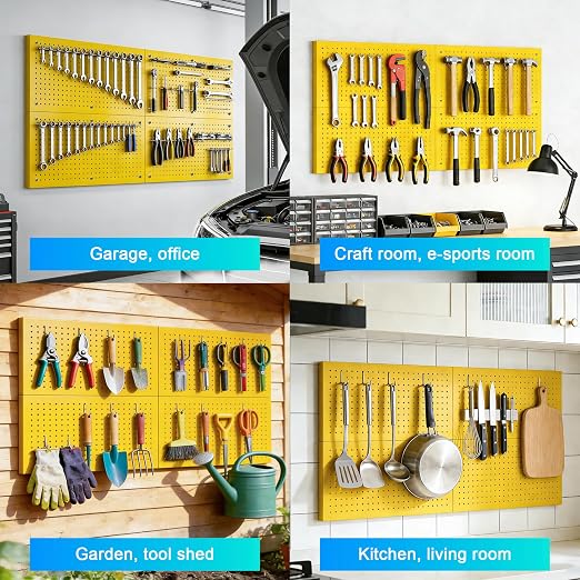 Metal Peg Board Panels 4 Pack, 24" x 12", Black, Yellow | Heavy Duty Rust-Proof Wall Board Panels, Sturdy Steel Storage Pegboard for Garage, Workshop & Craft Room Organizer