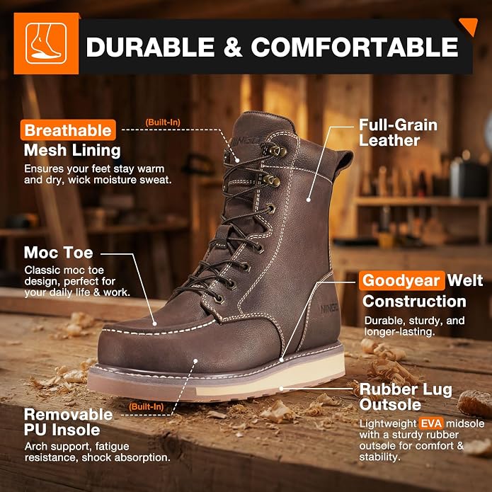 NINGO Steel Toe Work Boots for Men, 8 Inches Waterproof Moc Toe Construction Boots, Goodyear Welt Non Slip Wedge Outsole, Full-Grain Leather EH Rated Mens Safety Work Shoes, for Industrial, Welding