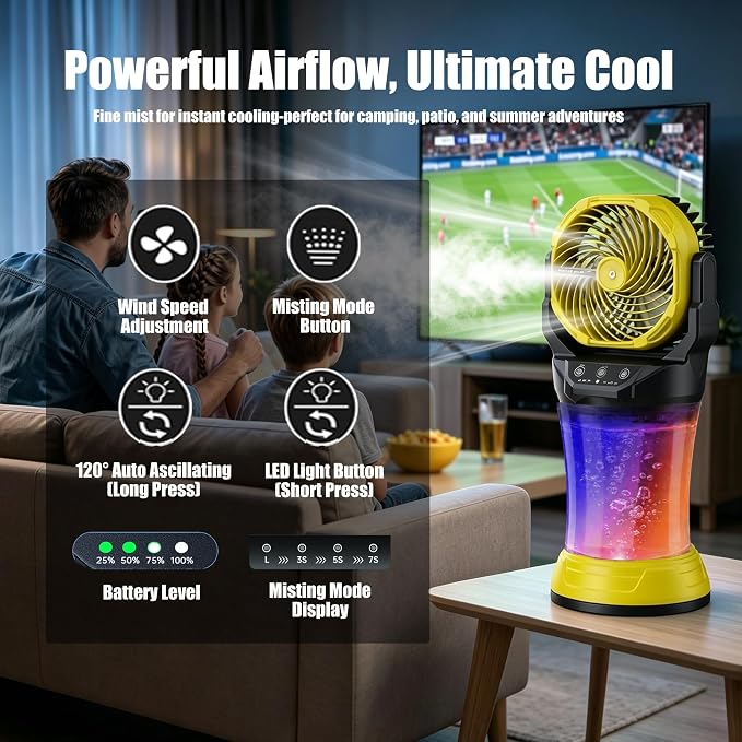 Wilody Misting Fan Portable Battery Powered, Camping Fan with RGB Ambient Light with 2L Bucket, Battery Indicator, 120° Auto Oscillating, Timing Function, Grip Handle(Yellow)