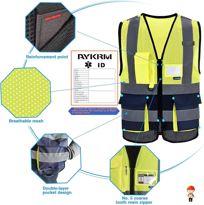 A-SAFETY High Visibility Mesh Vest with Mic Tabs, Zipper, Yellow/Navy, 2XL | Yellow/Navy 2XL mesh safety vest with reinforced zipper pockets, clear PVC ID holder and mic tabs for site supervision.