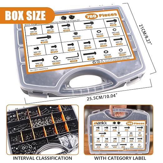 mankk 700PCS M6 Flange Bolt and M6 Button Head Hex Socket Cap Screws Assortment Kit M6×1.0 (10mm to 35mm) Metric Grade 10.9 Alloy Steel Class Hex Bolts and Nuts Washers Kit