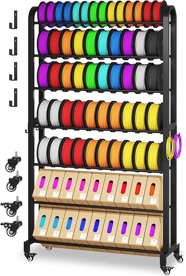 7-Tier 3D Printer Filament Storage Rack with Wheels, Heavy Duty Adjustable Metal Shelf Holds 80 Spools, Tall Mobile Filament Organizer with Hooks for 3D Printing Business & Workshop