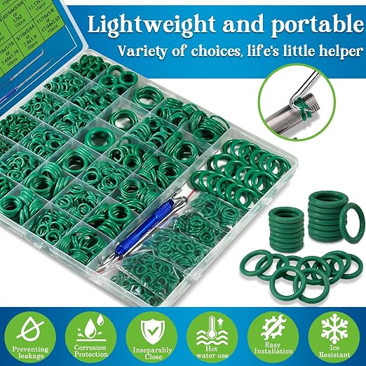 ZDBB 595 Pcs Automotive AC O Rings Kit, SAE and Metric Air Conditioning Orings Assortment Set for Car A/C Compressor and Professional Plumbing Faucet Seal Repair with 4 Pick & Hook (Green)