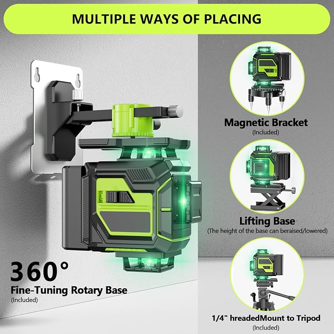 16 Line Laser Level 360 Self Leveling, 4x360°Professional 4D Green Cross Line laser Level with 2 Batteries, Adjustable Brightness & Remote Control, for Tiling Floor Construction and Picture Hanging