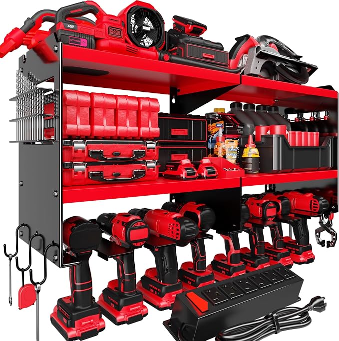 Spampur Power Tool Organizer Wall Mount with Charging Station, 15 Min Assembly & Maximum 420lbs Load by Heavy Duty Metal, 8 Slots for Cordless Drill, Tool Battery Holder with 6 Outlet Power Strip
