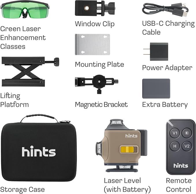 Hints 4D Laser Level Self-Leveling 4x360°, 4 Beams, 100Ft, ±1/12" Accuracy, IP54, Outdoor Pulse Mode, Remote and Gesture Control, Type-C Chargin, Storage Case and Extra Li-ion Battery included