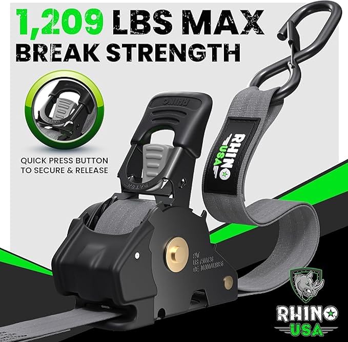 Rhino USA Retractable Ratchet Straps (4-Pack) - 1 Inch x 10 Feet (1,209lb Break Strength) - Auto Self Retracting Tie Down Straps for Truck, Cargo Trailer, Motorcycle, ATV, UTV - Gray