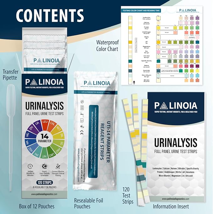 14-in-1 Full Panel Urine Test Strips for Urinalysis | 120 Strips in Resealable Pouches – Test for Kidney Health, Liver Function, UTI, Ketosis, Hydration, and Protein Levels