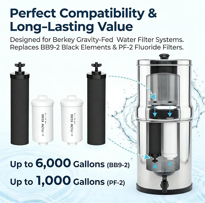 NSF/ANSI 42 Certified Gravity Water Filter Combo - Replacement for Berkey BB9-2 Black Purification Elements & PF-2 Fluoride/Arsenic Reduction Filters, Compatible with Berkey Gravity Filtration Systems